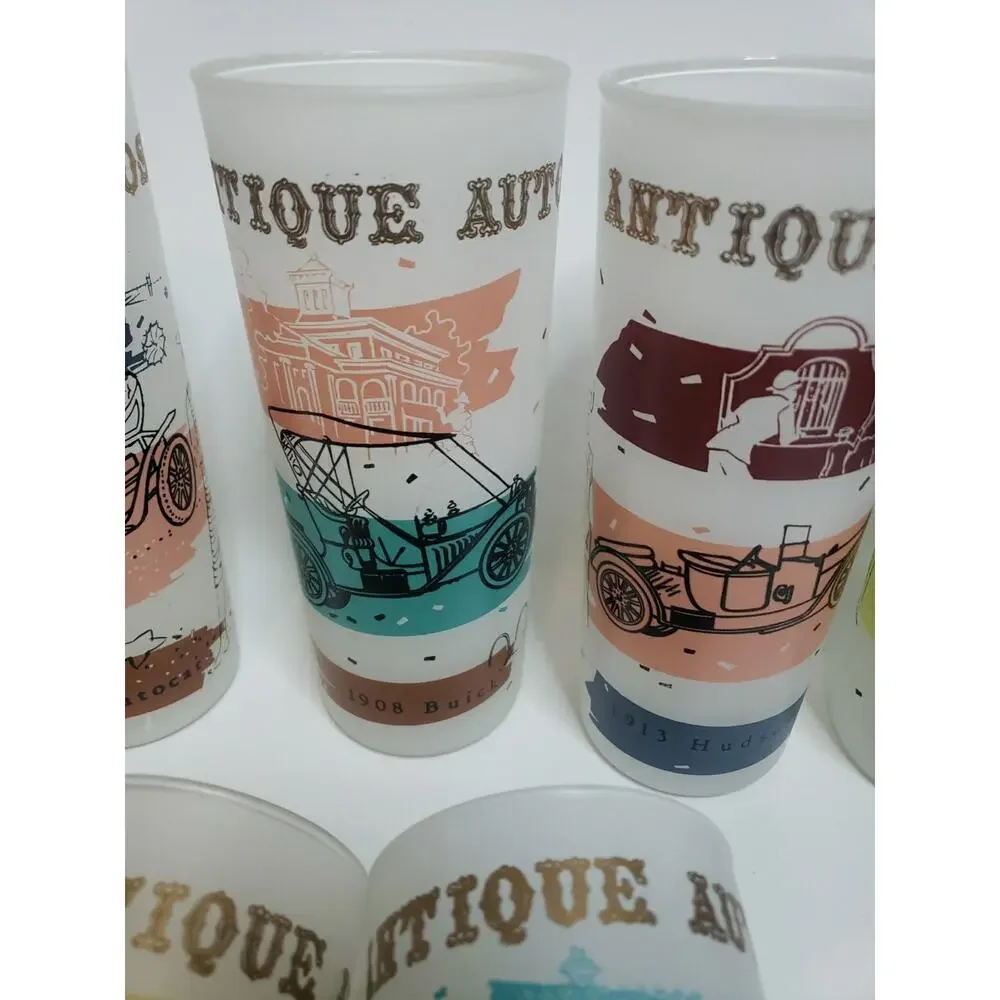 LOT OF 11 Autos cars Frosted Glasses Tumblers Vintage Highball MCM 60s Packard